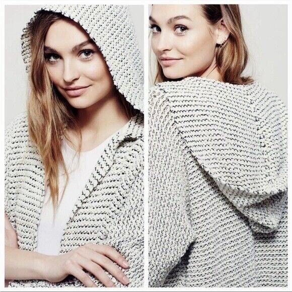 Free People Love Me Tender Cardigan Sweater Hooded Knit Fringe Blue Small - Picture 11 of 12